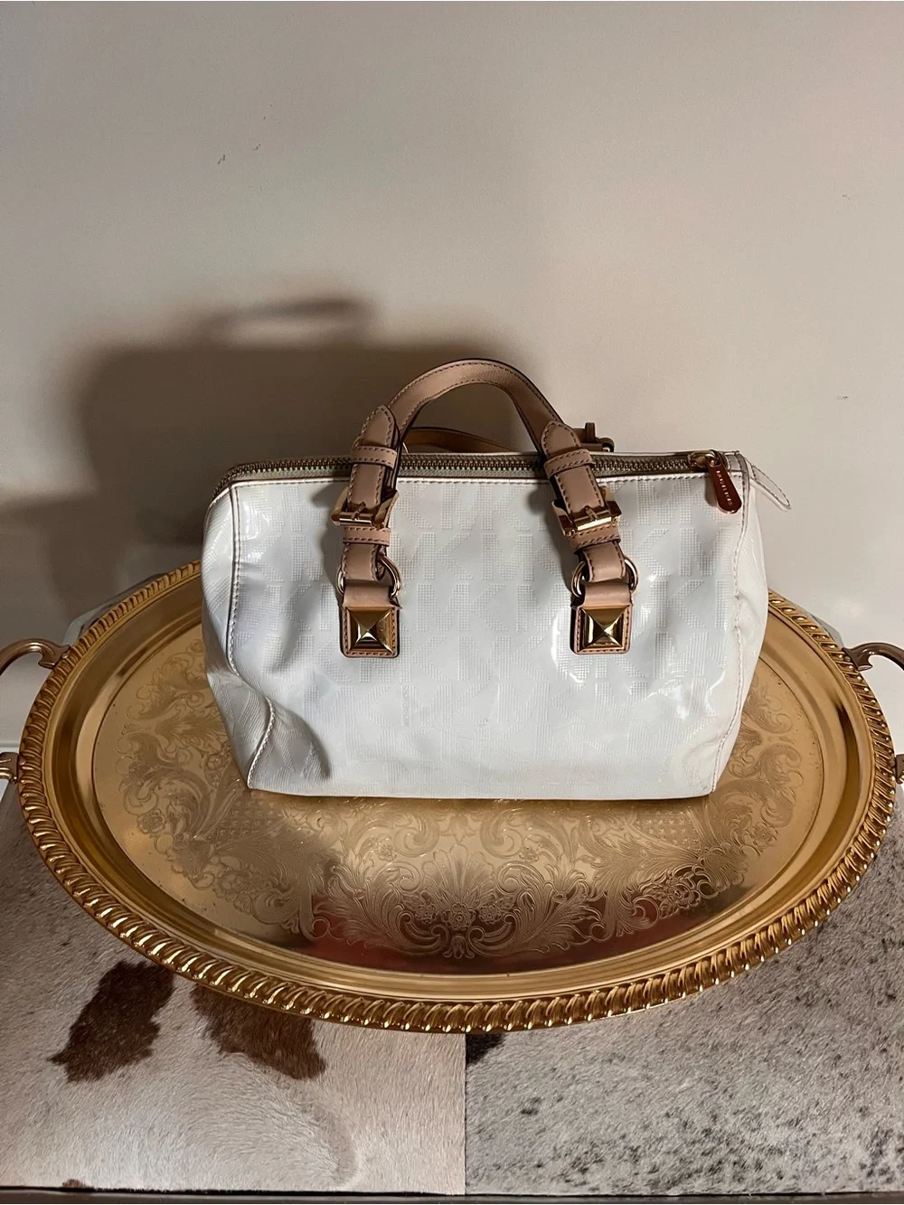 Michael Kors White Satchel with Blush Trim and Gold Hardware